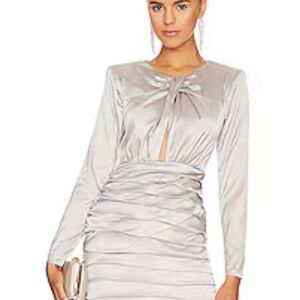 Elegant Satin Long-Sleeve Ruched Mini Dress - silver